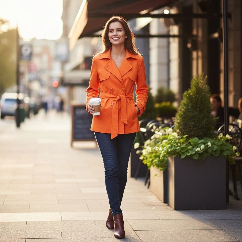 BCBG MAXAZRIA‎ Jacket Bright Orange Double-Breasted Trench Coat- M